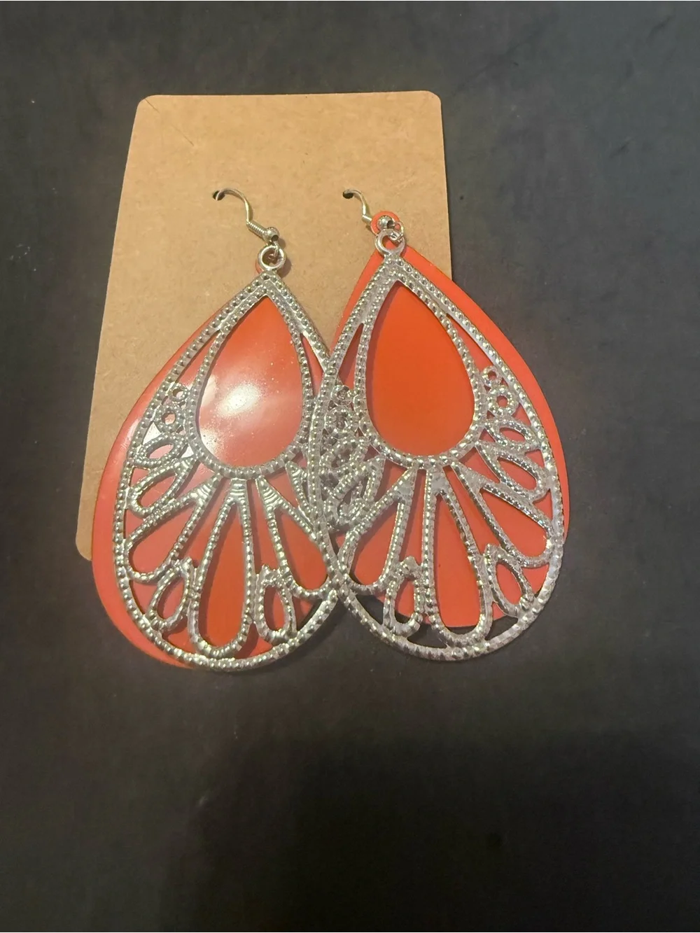 Silver Filigree Teardrop Earrings with Orange Inset